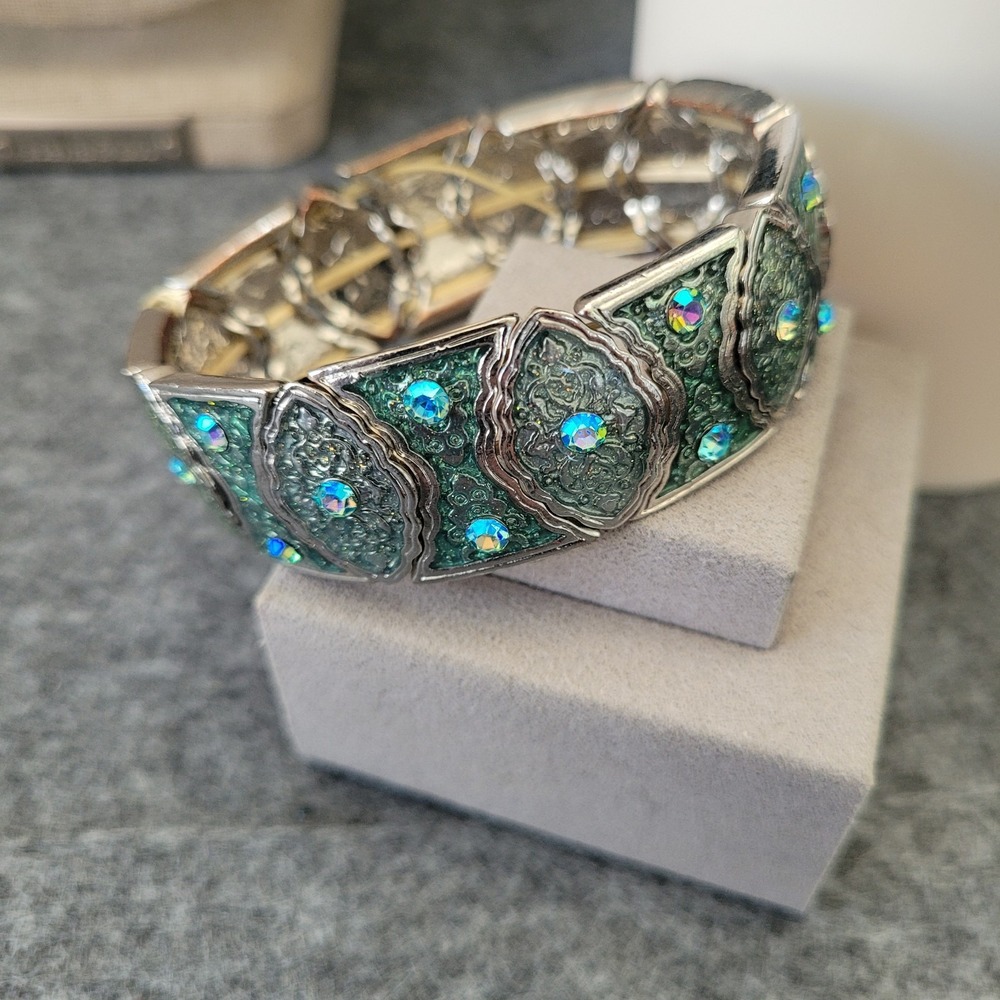 Boho Green Rhinestone Silver Tone Stretch Cuff Bracelet Ornate Statement